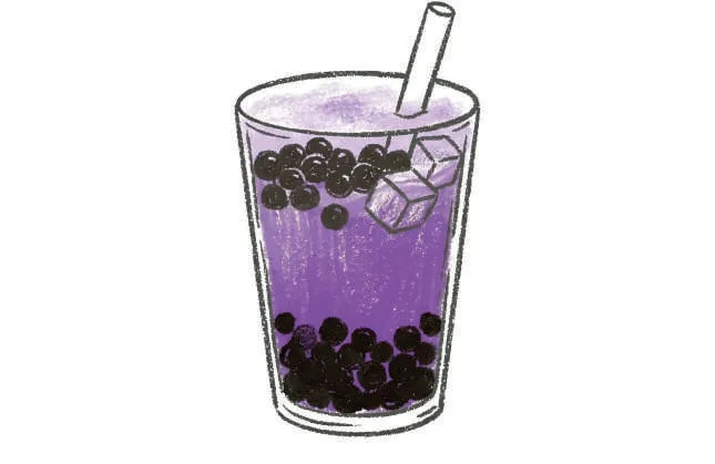 Dibujo de un bubble tea morado con hielo y bombilla