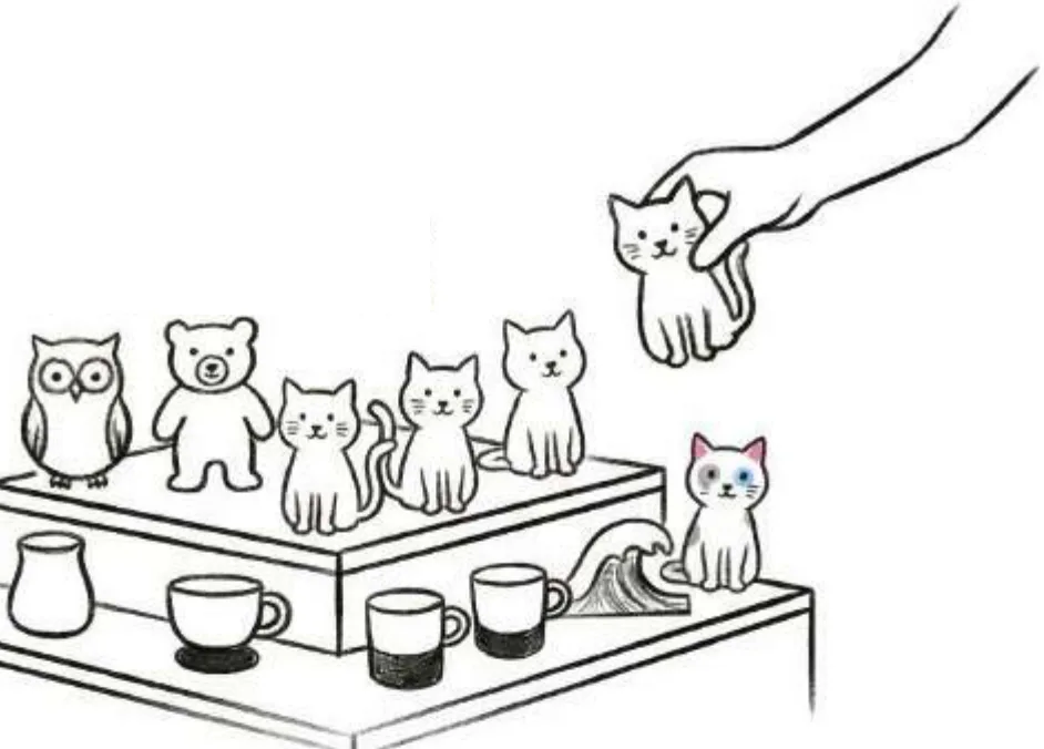 Dibujo: una mano elige un gato de yeso entre búhos, osos y gatos de la vitrina