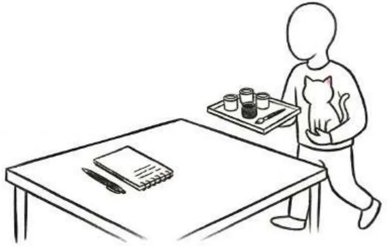 Dibujo: una persona vuelve a su mesa con la bandeja de pinturas y su gato de yeso