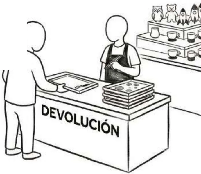 Dibujo: mesón de devolución con bandejas de pintura
